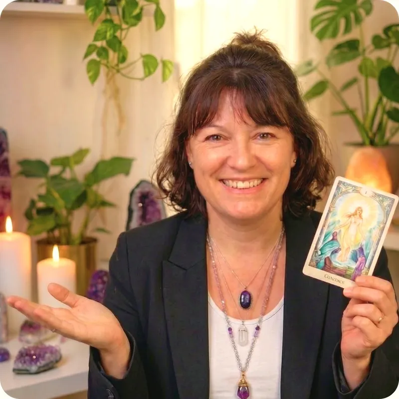 Marie PINCEMIN, maître Reiki Usui et tarologue à Quimper, tenant une carte d'oracle